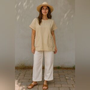 Beige Short Sleeve Tunic Top with Pockets